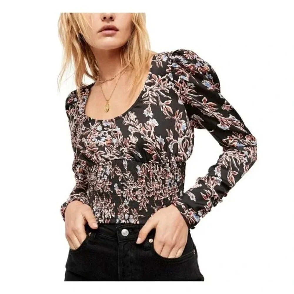 FREE PEOPLE Santiago Black Floral Smocked Cropped Blouse - Size Small